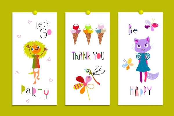 Set-card-birthday-party-funny-monsters-ice-cream-humor-07 — Stock Vector
