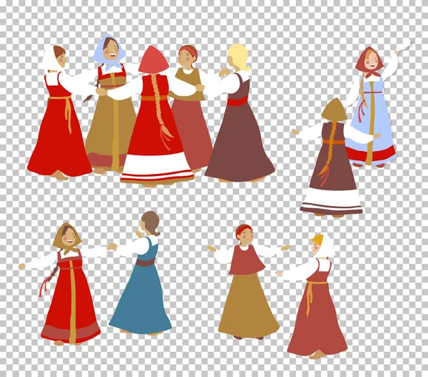 Set-cartoon-character-Russia-dance-girl-bride-old-national-legends — Stock Vector