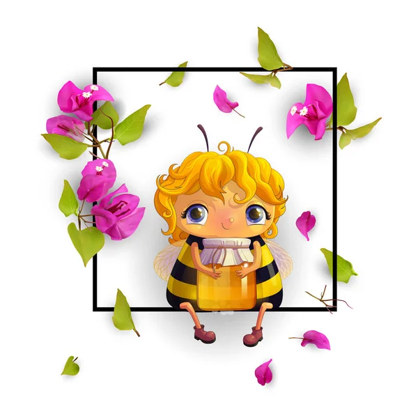 Abeja, miel, tropical, flores, verano — Vector de stock