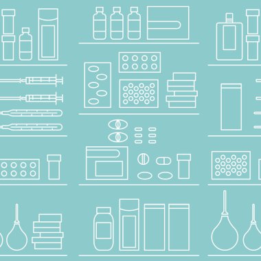  İlaç ilaçlar tıbbi aksesuarları doğrusal stil Dikişsiz desen vektör