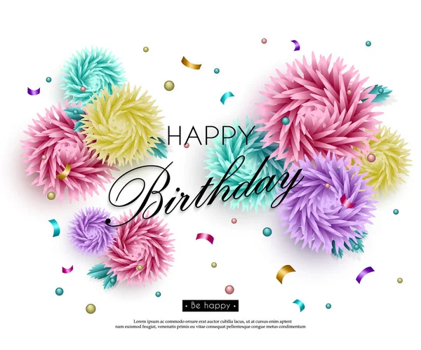 Happy-Birthday-Banner-3d-flower-Paper-art-1. — Stok Vektör