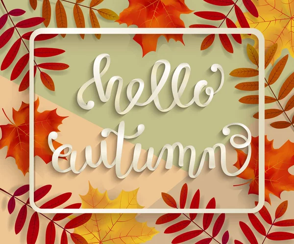 Hola, otoño, letras, caligrafía, hojas — Vector de stock