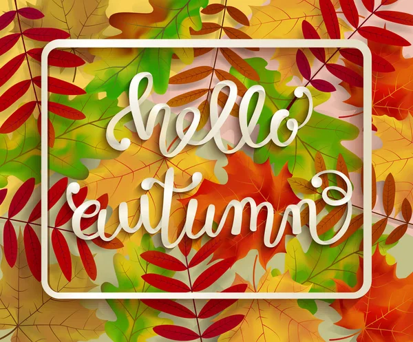 Hola, otoño, letras, caligrafía, hojas — Vector de stock