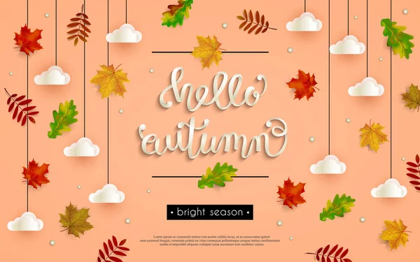 Hola, otoño, letras, hojas — Vector de stock