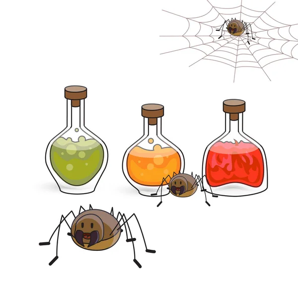 Dia das Bruxas. Aranhas e bolhas com uma poção ou veneno. Vetor —  Vetores de Stock