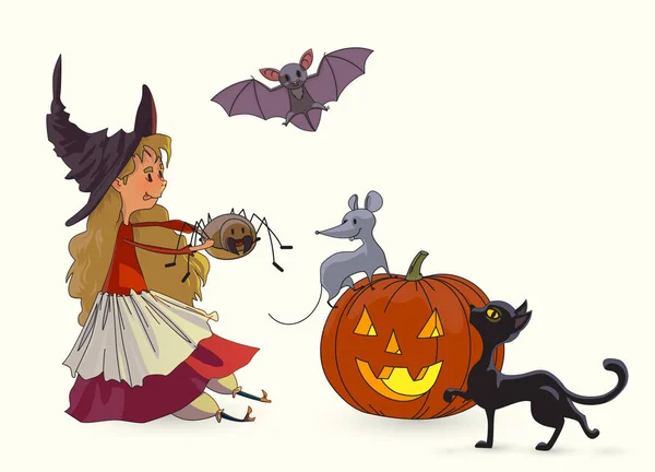 Czarownica, Pająk, dynia, myszy, bat, czarny kot. Kolekcja Halloween. Ilustracja wektorowa — Wektor stockowy