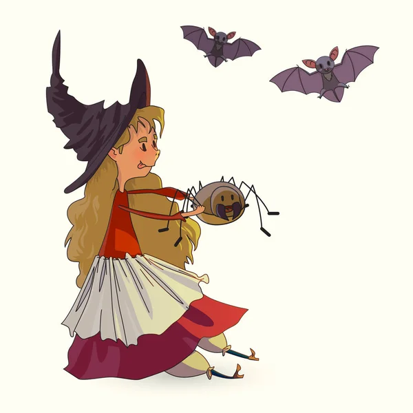 Witch holds a spider. Bats are flying. Vector isolated on white — Stock Vector