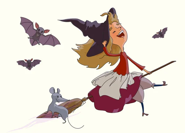 Joven bruja volando en una escoba con un ratón, murciélagos. Vector aislado en blanco — Vector de stock