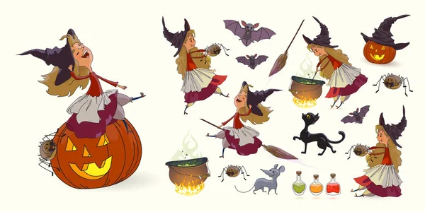 Halloween czarownica Pot eliksir miotła dyni Spider kot mysz szczur Bat Witch's Hat wektor zestaw — Wektor stockowy