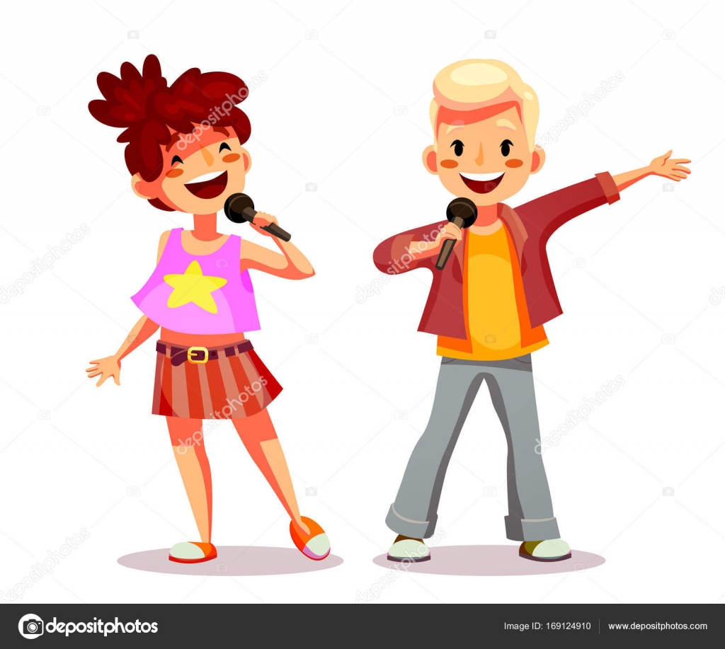 Girl and boy singing into a microphone. Funny cartoon character. Isolated  on white. Vector illustration Stock Vector Image by ©SMSka #169124910