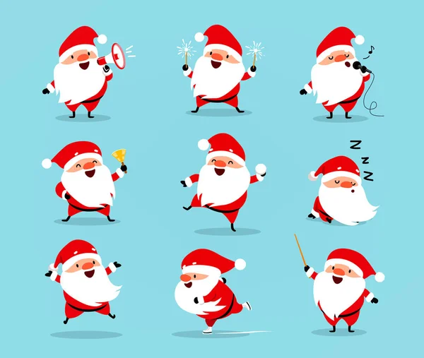 Collectie van Christmas Santa Claus. Set van grappige stripfiguren met verschillende emoties. Vectorillustratie geïsoleerd op lichtblauw — Stockvector