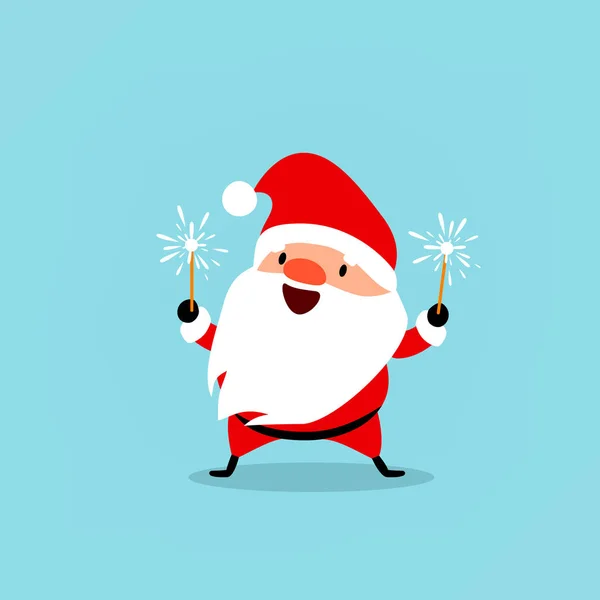 Santa Claus viert het nieuwe jaar met sparkler in zijn handen. Schattig emotionele karakter van de kerst. Element uit de collectie. Vectorillustratie geïsoleerd op lichte blauwe achtergrond — Stockvector