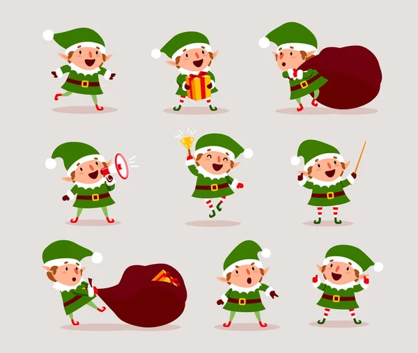 Şirin oynak Christmas Elfler kümesi. Sevimli Noel Baba yardımcıları topluluğu. Mutlu yeni yıl, neşeli Noel tasarım öğesi. Kartı, afiş, illüstrasyon, broşür, poster için iyi. Vektör