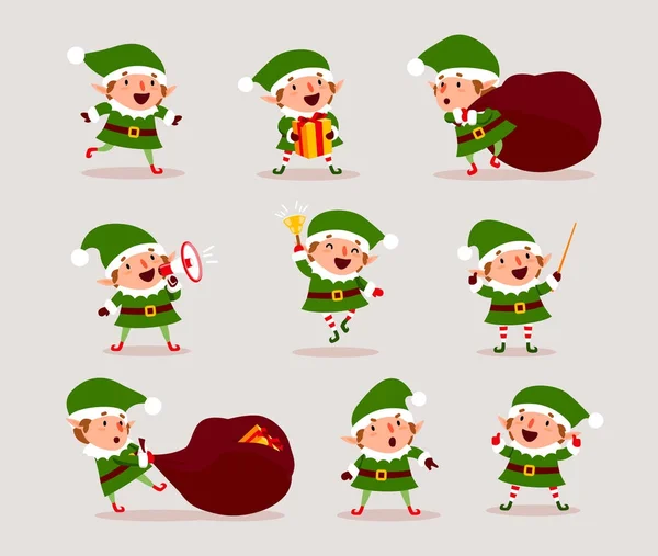 Uppsättning av söt lekfull jul tomtar. Samling av söt Santa Claus hjälpare. Gott nytt år, Merry Xmas designelement. Bra för kort, banner, Rackarn, broschyr, affisch. Vektor Stockvektor
