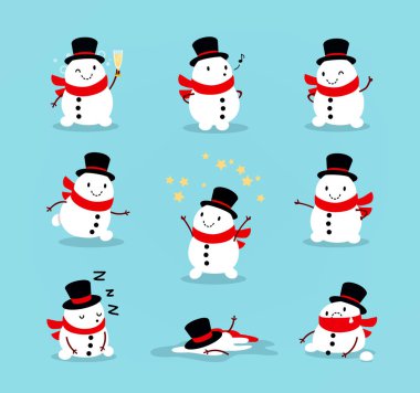 Şirin oynak kardan adamlar kümesi. Karakter Noel koleksiyonundan öğeleri. Mutlu yeni yıl, neşeli Noel tasarım öğesi. Vektör çizim