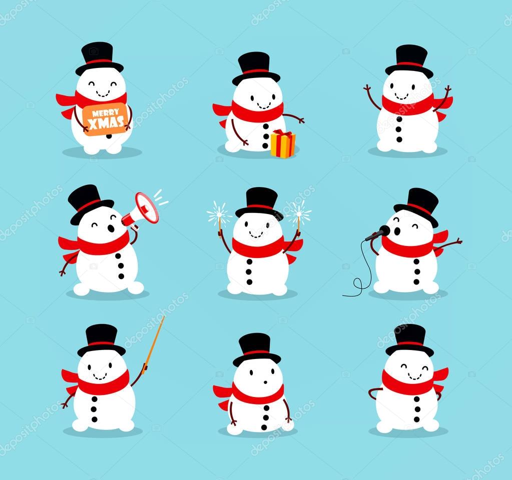 Set of cute playful snowmen. Elements from the Christmas collection of characters. Happy New Year, Merry Xmas design element. Vector illustration
