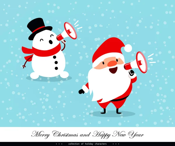 Kerstman en Snowman schreeuwen in een megafoon. Emotionele Kerstmis en Nieuwjaar tekens. Humoristische collectie. Vectorillustratie — Stockvector