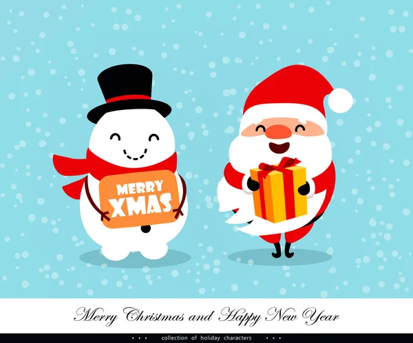 Kerstman en sneeuwpop met felicitaties en een cadeau. Emotionele Kerstmis en Nieuwjaar tekens. Humoristische xmas collectie. Vectorillustratie — Stockvector