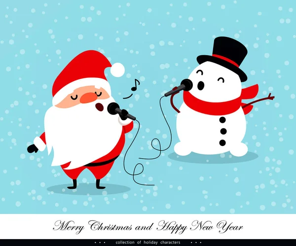 Babbo Natale e pupazzo di neve cantano. Natale emotivo e i caratteri di anno nuovo. Collezione natalizia umoristica. Illustrazione vettoriale — Vettoriale Stock