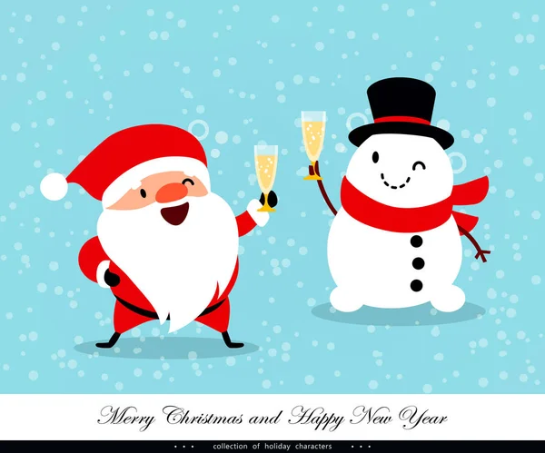 Kerstman en sneeuwpop met glazen van champagne. Emotionele Kerstmis en Nieuwjaar tekens. Humoristische xmas collectie. Vectorillustratie — Stockvector