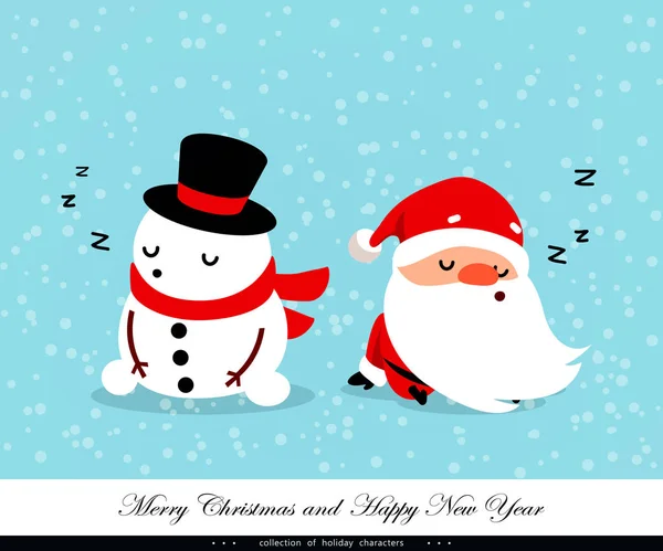 圣诞老人和雪人睡觉。情感的圣诞和新年的字符。幽默的集合。矢量图 — 图库矢量图片