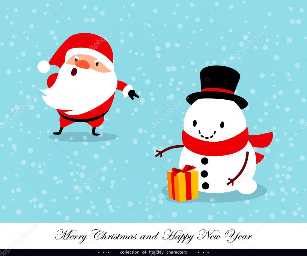 Santa Claus and Snowman with a gift. Emotional Christmas and New Year's characters. Humorous xmas collection. Vector illustration
