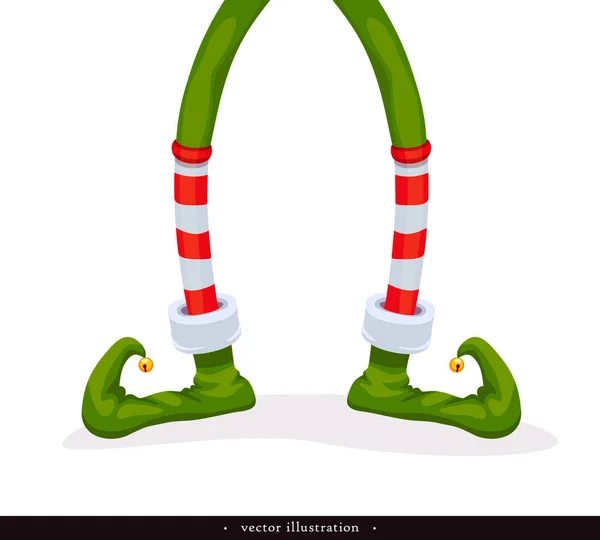 Pernas Elfo de Natal em sapatos verdes com sinos, em meias listradas e em brechas vermelhas curtas. Coleção de xmas humorísticos. Fundo festivo criativo. Vetor — Vetor de Stock
