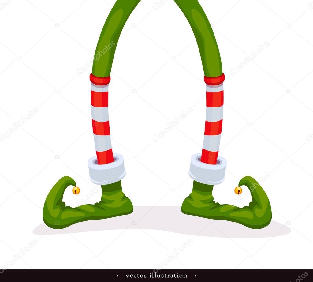 Legs Christmas Elf in green shoes with bells, in striped stockings and in short red breeches. Humorous xmas collection. Creative festive background. Vector