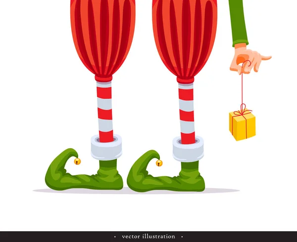 Le gambe dell'elfo e la mano dell'elfo con un dono. Composizione natalizia creativa. Illustrazione vettoriale — Vettoriale Stock