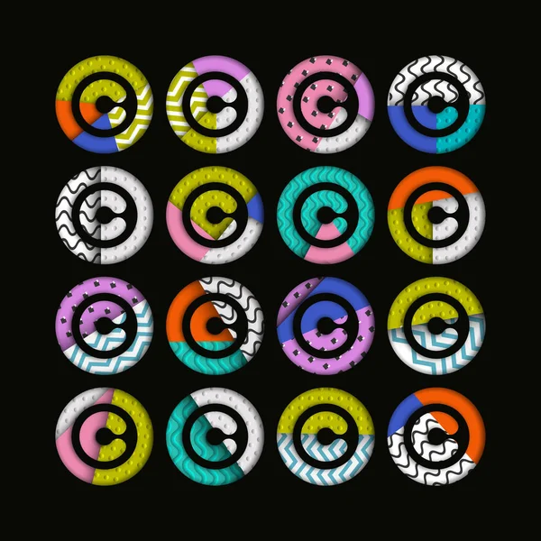 Copyright. Sfondo creativo astratto moderno da segni di copyright. Simboli multicolori strutturati su sfondo scuro. Vettore — Vettoriale Stock