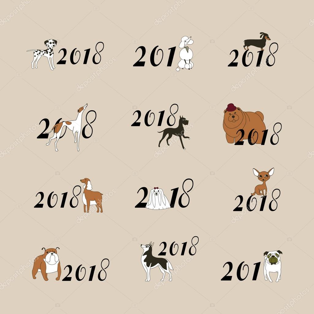 2018 - the year of the dog to the Eastern calendar. 12 logos with different breeds of dogs. Minimalism. Isolated. Vector illustration
