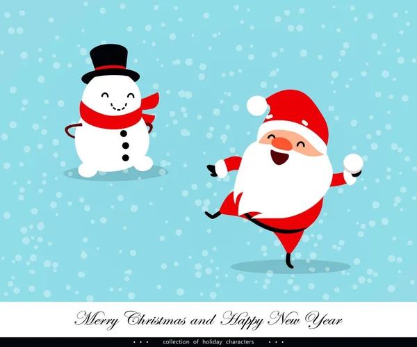 Kerstman spelen in de sneeuw. Sneeuwpop ironisch naar hem te kijken. Grappige emotionele tekens voor het ontwerp van Kerstmis en Nieuwjaar. Een humoristische collectie Xmas. Vector — Stockvector