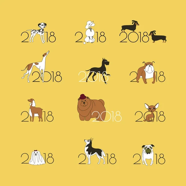 2018 - år hunden till östra kalendern. 12 logotyper med olika raser av hundar. Minimalism. Isolerade. Vektor — Stock vektor