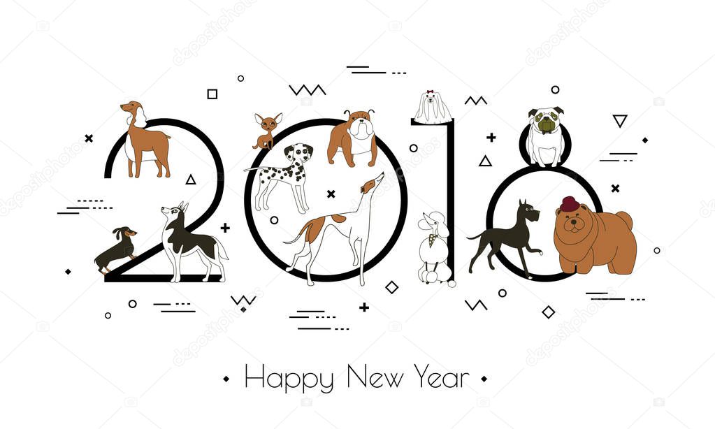 Banner in breeds of dogs - symbol 2018. Happy New Year. Memphis style. Isolated on white background. Eastern calendar. Vector illustration