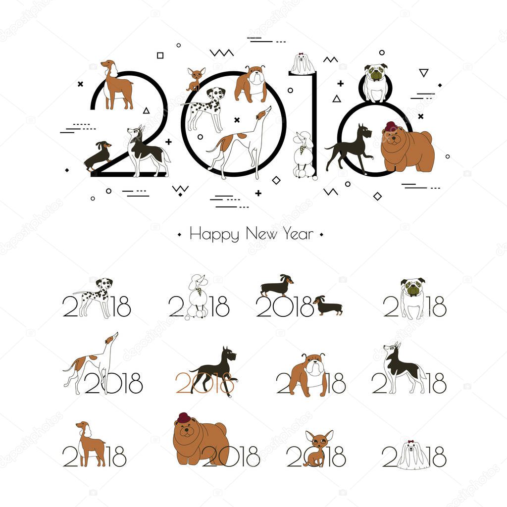 2018 - the year of the dog to the Eastern calendar. Creative headline and 12 logos with different breeds of dogs. Minimalism. Sketch. Isolated. Vector illustration