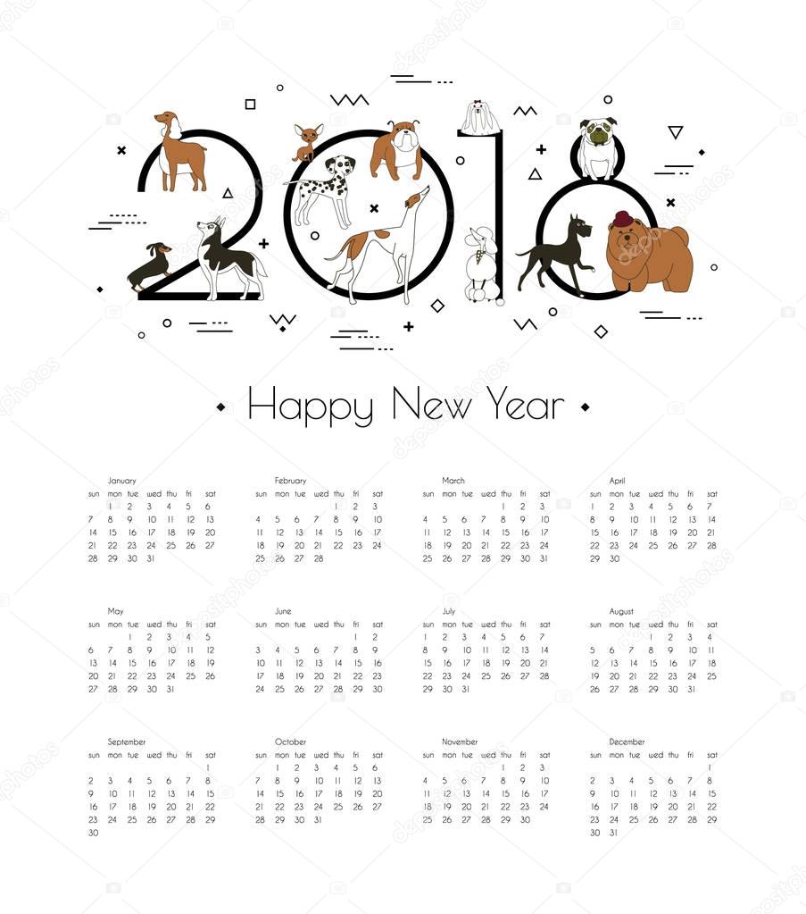 Calendar 2018 with different breeds of dogs. Symbol of the year in the Chinese calendar. Memphis style. Minimalism. Vector illustration. Isolated on white background
