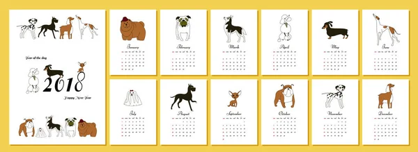 Μηνιαίο δημιουργικό ημερολόγιο 2018 με φυλές σκυλιών. Έννοια, διάνυσμα κάθετο επεξεργάσιμο πρότυπο. Σύμβολο του έτους στο κινεζικό ημερολόγιο. Μινιμαλισμός. Εικονογράφηση διάνυσμα. Απομονωμένη — Διανυσματικό Αρχείο