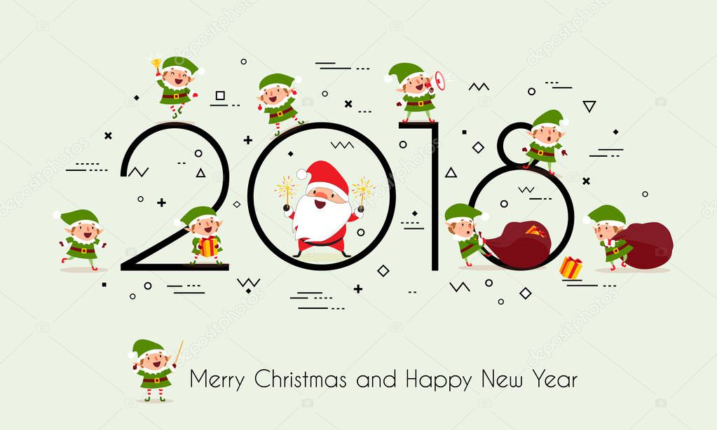 2018 year. Merry Christmas and Happy New Year. Creative headline with Santa Claus, Christmas elves and gifts. Memphis style. Minimalism. Isolated. Vector illustration