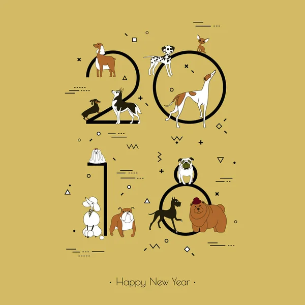 Nadpis šablony 2018 s plemeno psů v Memphisu stylu. Pes symbol čínského nového roku. Vektor. Černá a bílá, samostatný na žlutém podkladu — Stockový vektor