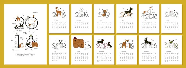 Calendário criativo mensal 2018 com raças de cães. Conceito, modelo editável vertical vetorial. Símbolo do ano no calendário chinês. Minimalismo. Isolado. Memphis. Ilustração vetorial — Vetor de Stock