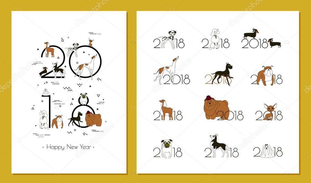 2018 - the year of the dog to the Eastern calendar. Creative headline and 12 logos with different breeds of dogs. Minimalism. Sketch. Isolated. Vector illustration
