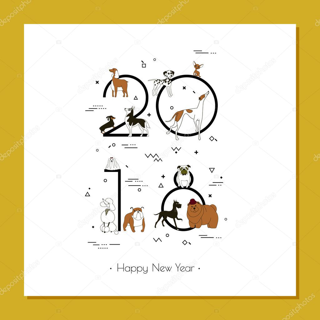 Banner in breeds of dogs - symbol 2018. Happy New Year. Memphis style. Isolated on white background. Eastern calendar. Banner can be used for advertising, greetings, sale. Vector