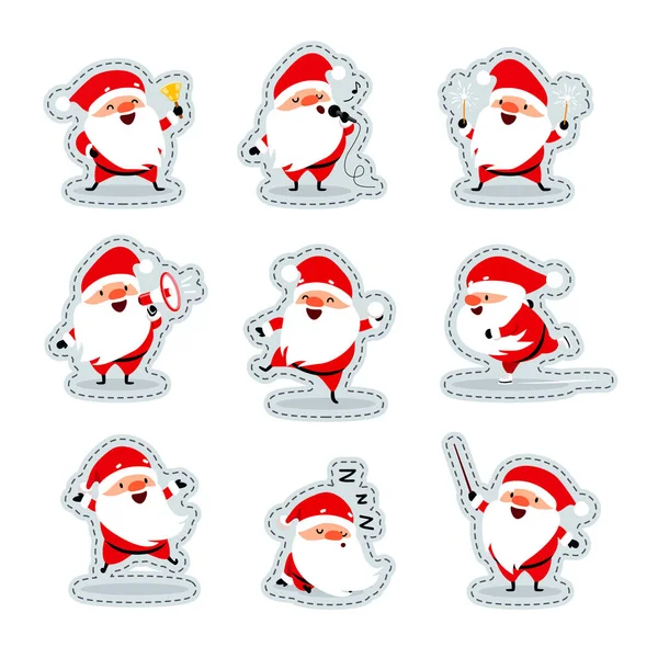 Santa Claus in different situations. Stickers. Set. Christmas and New Year design. Humorous collection of Xmas. Vector art. Isolated on white background — Stock Vector