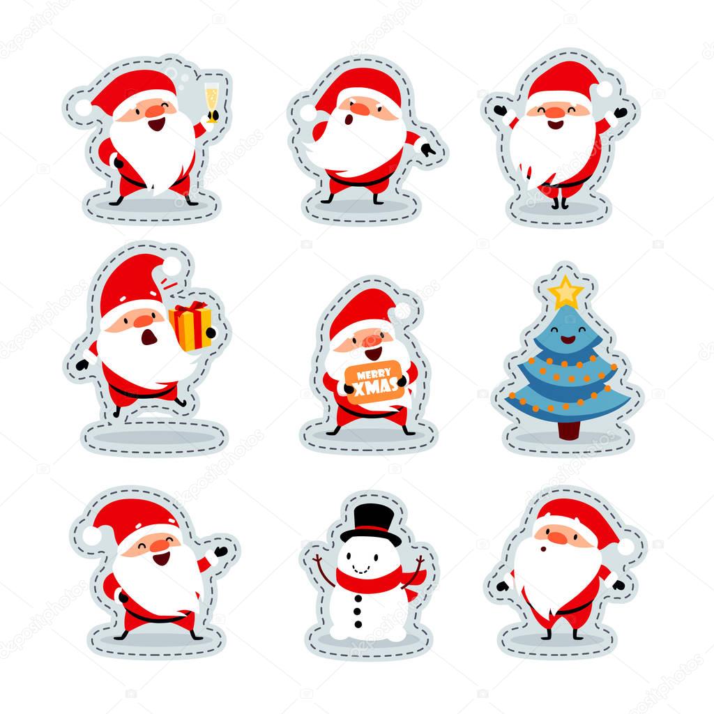 Santa Claus in different situations. Stickers. Funny emotional characters for the Christmas and New Year design. Humorous collection of Xmas. Vector art. Isolated on white. Set 2