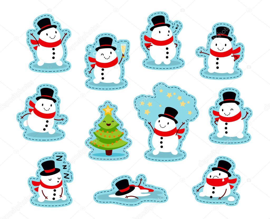Snowmen Stickers. Funny emotional characters for the Christmas and New Year design. Humorous collection. Vector illustration isolated on white. Set