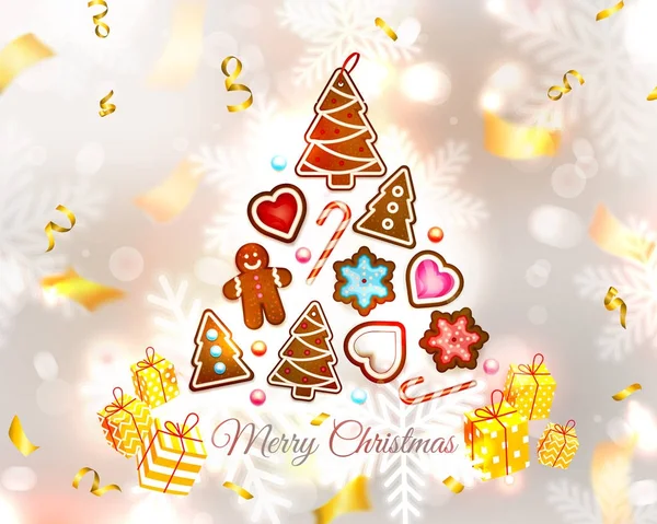 Biscoitos de Natal, doces, bolo - flocos de neve, homem de gengibre, árvore de Natal. Feliz Ano Novo. Fundo argênteo festivo com confete, velas, brilhos e uma serpentina dourada. Ilustração vetorial — Vetor de Stock