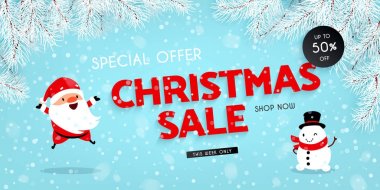 Noel satış, indirimler. Festival reklam afişi eğlenceli ile yeni yıl karakterler ve simgeler. Noel Baba, kardan adam, kar, Noel ağacın. Vektör