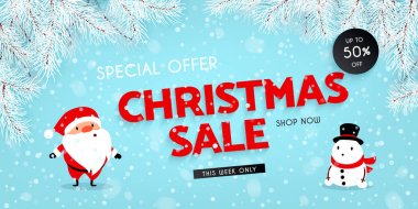 Noel satış, indirimler. Noel Baba, kardan adam, kar, Noel ağacın. Festival reklam afişi eğlenceli ile yeni yıl karakterler ve simgeler. Vektör