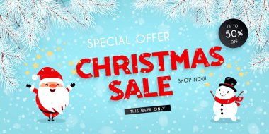 Noel satış, indirimler. Noel Baba, kardan adam, kar, Noel ağacın. Festival reklam afişi eğlenceli ile yeni yıl karakterler ve simgeler. Vektör