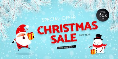 Noel satış, indirimler. Festival reklam afişi eğlenceli ile yeni yıl karakterler ve simgeler. Noel Baba, kardan adam, kar, Noel ağacın, hediye. Vektör